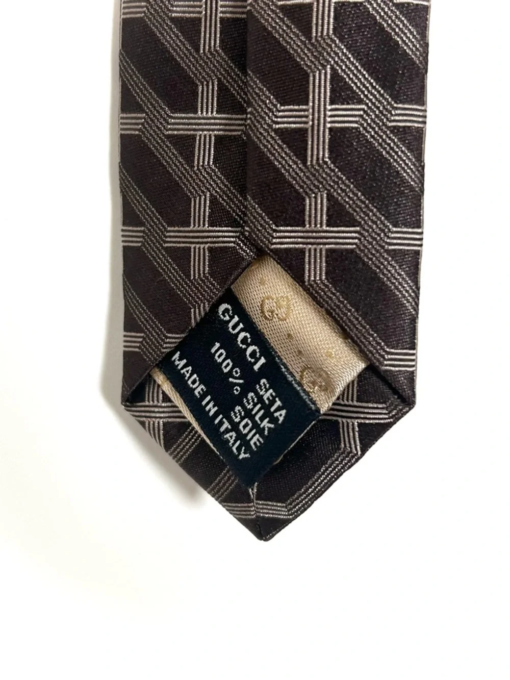 Vintage Gucci Tie Silk Brown Geometric Print Made‎ in Italy Wide